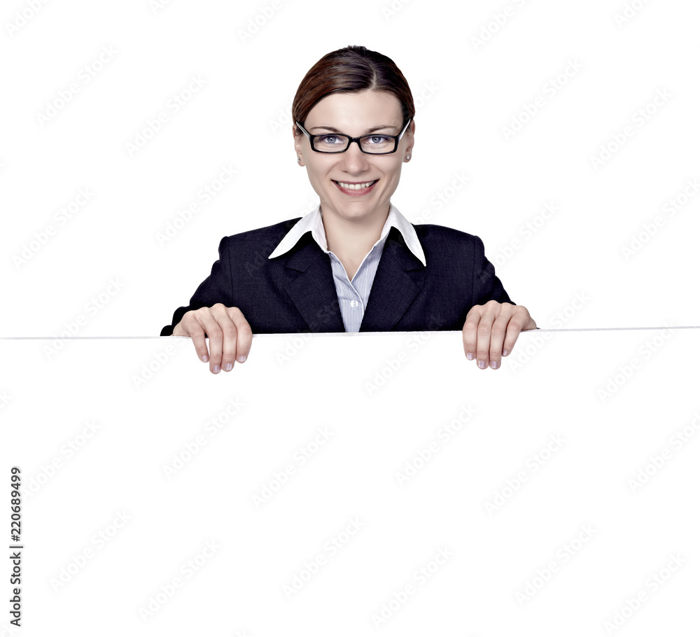 portrait of a young business woman holding a blank paper sign portrait of a young business woman holding a blank paper sign