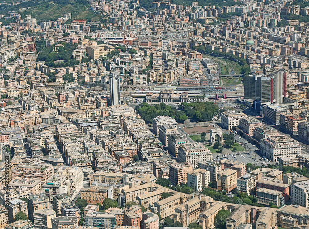 Italy, aerial view of Genoa city center: Arco della Vittoria (Victory Arch) and Brignole train station