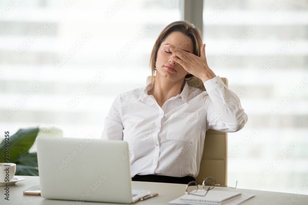 Fatigued businesswoman tired of computer work, female office worker feels dizzy from lack of sleep, headache, hormonal imbalance, eye strain tension, exhausted after long laptop use, overwork concept Fatigued businesswoman tired of computer work, female office worker feels dizzy from lack of sleep, headache, hormonal imbalance, eye strain tension, exhausted after long laptop use, overwork concept