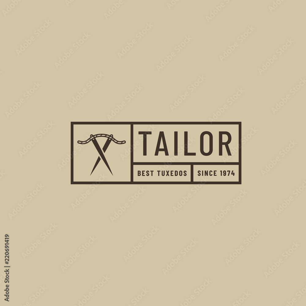 Rectangular black logo for meat clothing store. Hipster line art logotype with needles and thread Rectangular black logo for meat clothing store. Hipster line art logotype with needles and thread