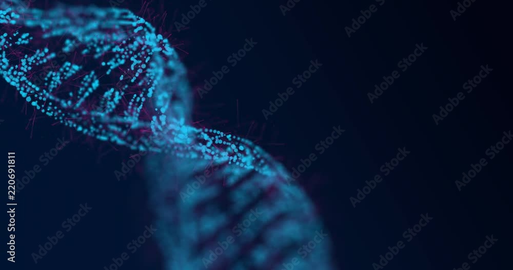 Abstract glittering DNA double helix with depth of field rotating. Mysterious source science animation. Genom futuristic footage. Conceptual design of genetics information. 4k UHD.