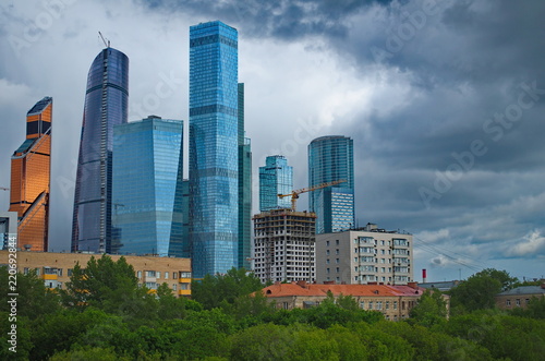 Skyscrapers of Moscow City on the background of old houses