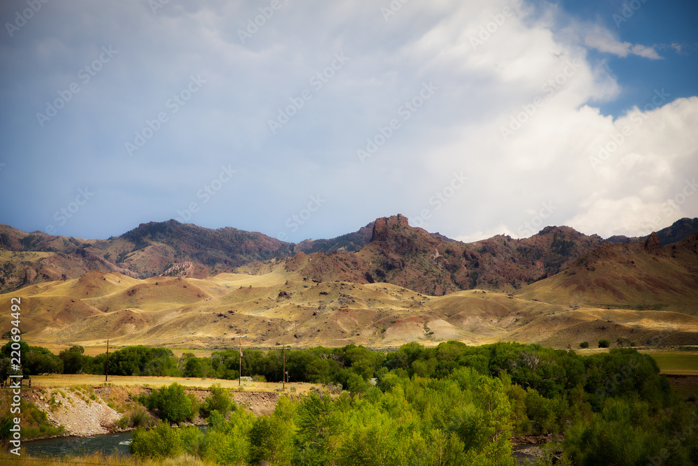 A wave of green hills and canyons with green trees under a cloudy afternoon Montana landscape