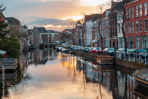 LEIDEN, NETHERLANDS - OCTOBER 23: Waterways and typical Dutch architecture on October 23, 2013 in Leiden photo