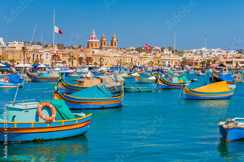 Colourful Boats in Harbour of Marsaxlokk Malta at springtime