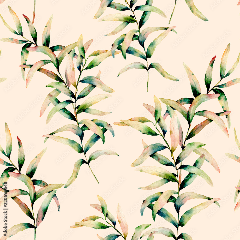 Fototapeta premium Watercolor autumn grass pastel seamless pattern. Hand painted green and yellow branch of grass isolated on pastel pink background. Botanical illustration for design, background and fabric. Fall print.