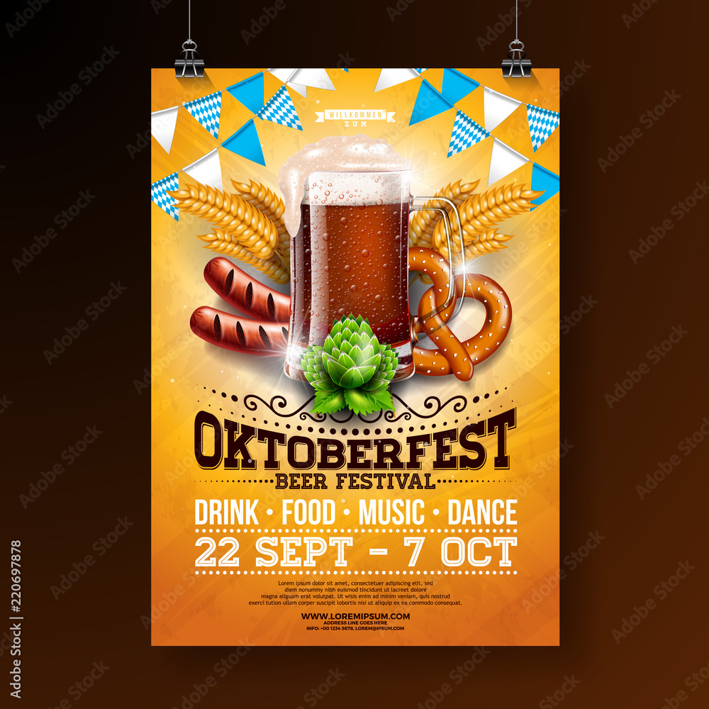 Oktoberfest party poster illustration with fresh dark beer, pretzel ...