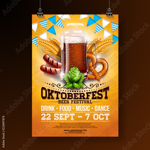 Oktoberfest party poster illustration with fresh dark beer, pretzel, sausage and blue and white party flag on shiny yellow background. Vector celebration flyer template for traditional German beer