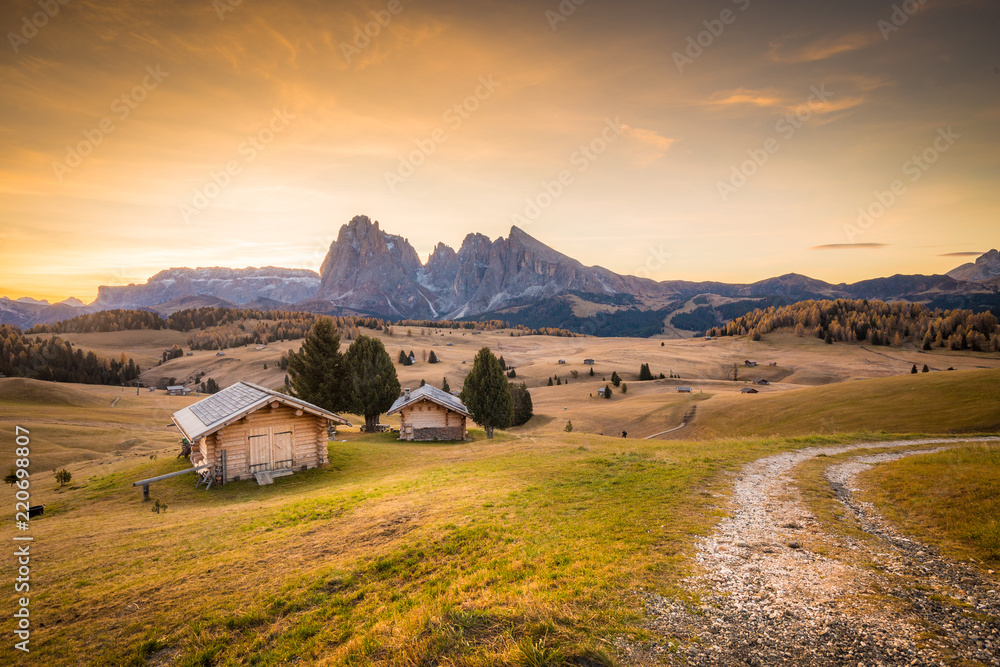 Alpe di Siusi at sunrise, Dolomites, South Tyrol, Italy