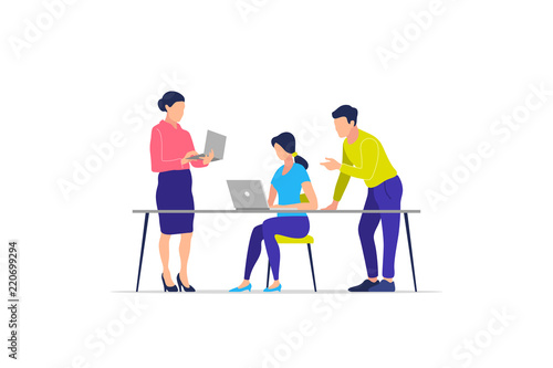 Business process, teamwork, office, workplace, business characters. Vector illustration.