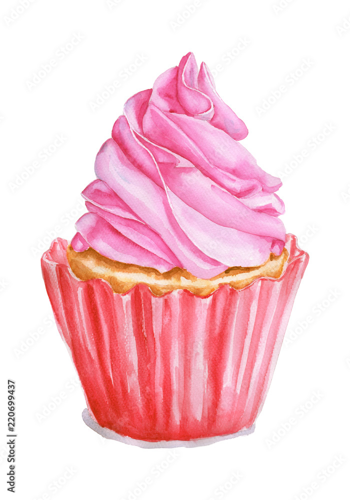 Watercolor  cake with pink cream. Food illustration, cupcake is isolated on white background. Muffin for poster for cafe and pastry shop.