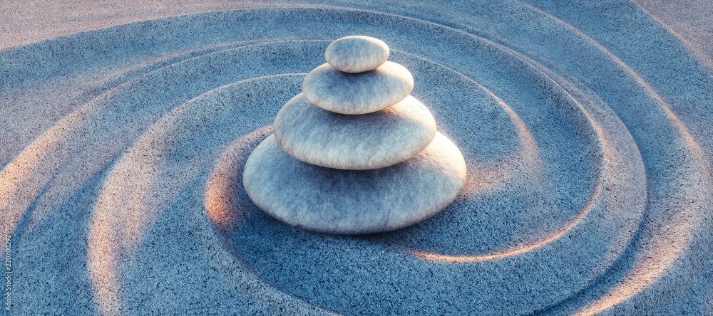 Fotografie Zen - Steinturm im Sand mit Wellen