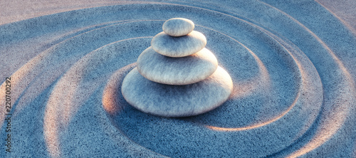 Photo Zen - Steinturm im Sand mit Wellen