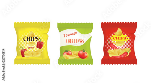 Potato chips bags design with different flavors, vector