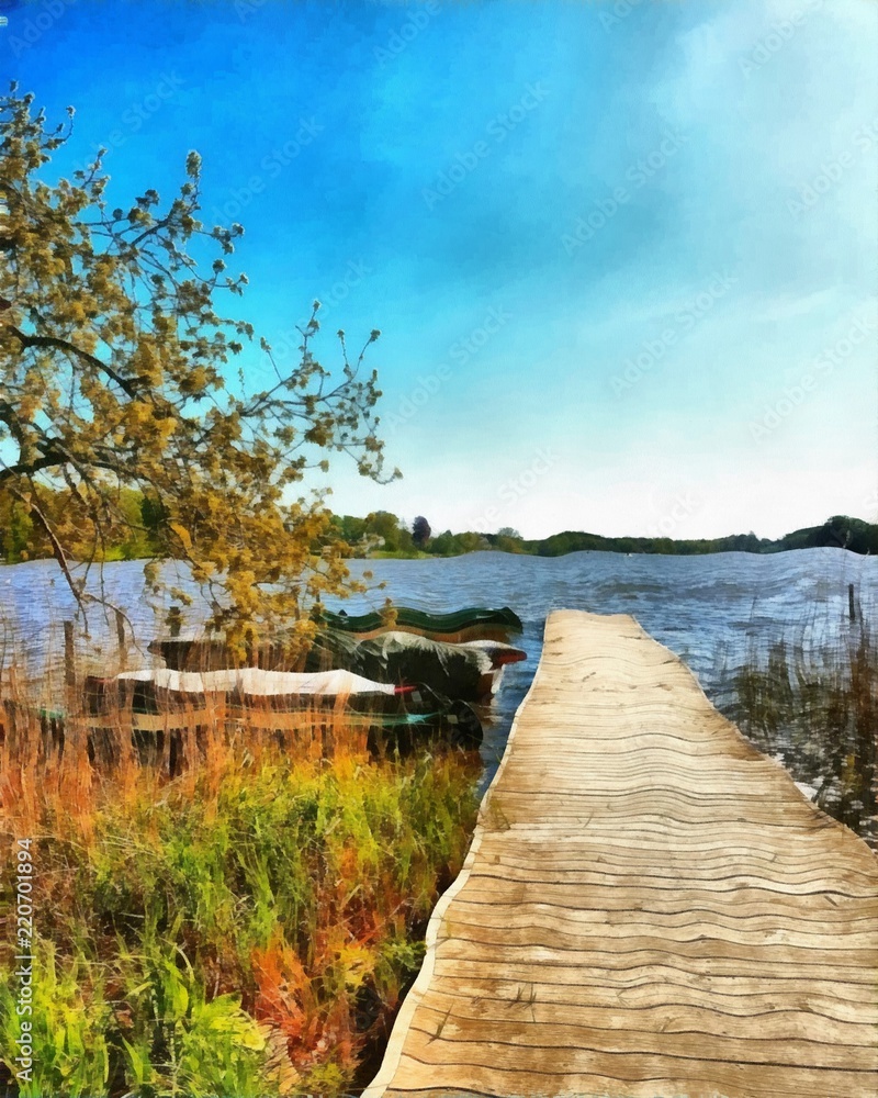 Fototapeta premium Hand drawing watercolor art on canvas. Artistic big print. Original modern painting. Acrylic dry brush background. Painting for sale. Beautiful autumn landscape. Wild lake with pier. Yellow tree.