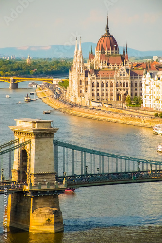 Photography Colorful view of Parliament and Chain Bridge in Budapest city, Splendid spring c