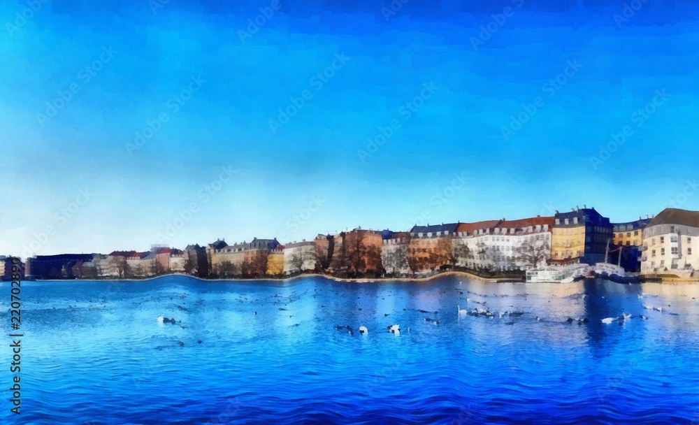 Oil painting. Art print for wall decor. Acrylic artwork. Big size poster. Watercolor drawing. Modern style fine art. Art for sale. Beautiful autumn city landscape. Bright river view. Europe Copenhagen