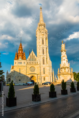 King St Stephen equestrian Statue by sculptor Alajas Strobl and Matthias church at Fisherman Bastion, Castle Hill, Buda, Budapest in Hungary
