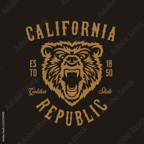 California republic t-shirt design with grizzly bear head. Vector vintage illustration.