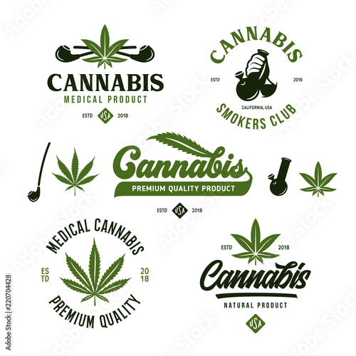 Cannabis marijuana labels emblems badges set. Vector vintage illustration.