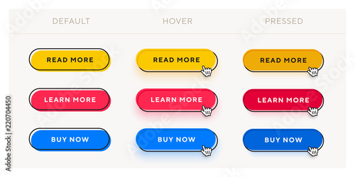 Set of vector modern trendy flat buttons with different states. Different colors of main shape with black oval outline frames.