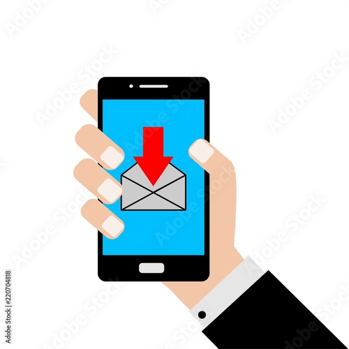 Businessman holding a smartphone with a receive email. Concept of receiving email. Flat design, vector illustration.