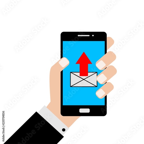 Businessman holding a smartphone with a send email. Concept of sending email. Flat design, vector illustration.