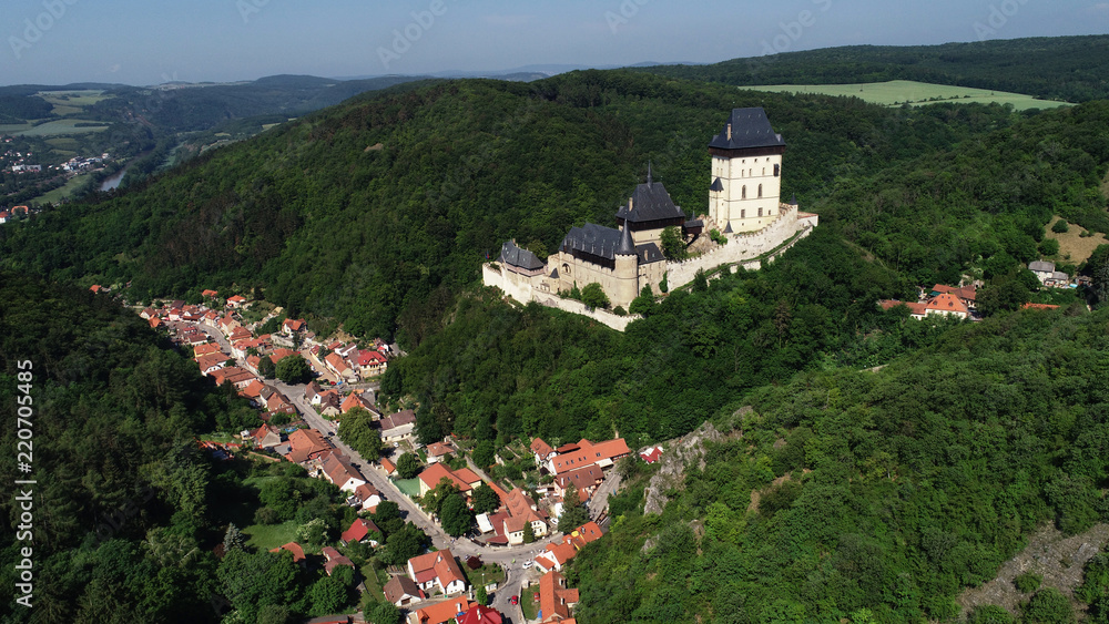 Aerial view to The Karlstejn castle. Aerial view to The Karlstejn castle.