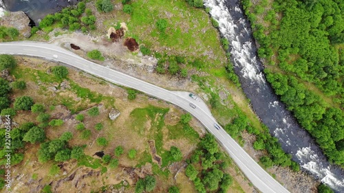 Aerial view. Road and river in green summer mountains, Mabodalen valley Norway. National tourist Hardangervidda route photo