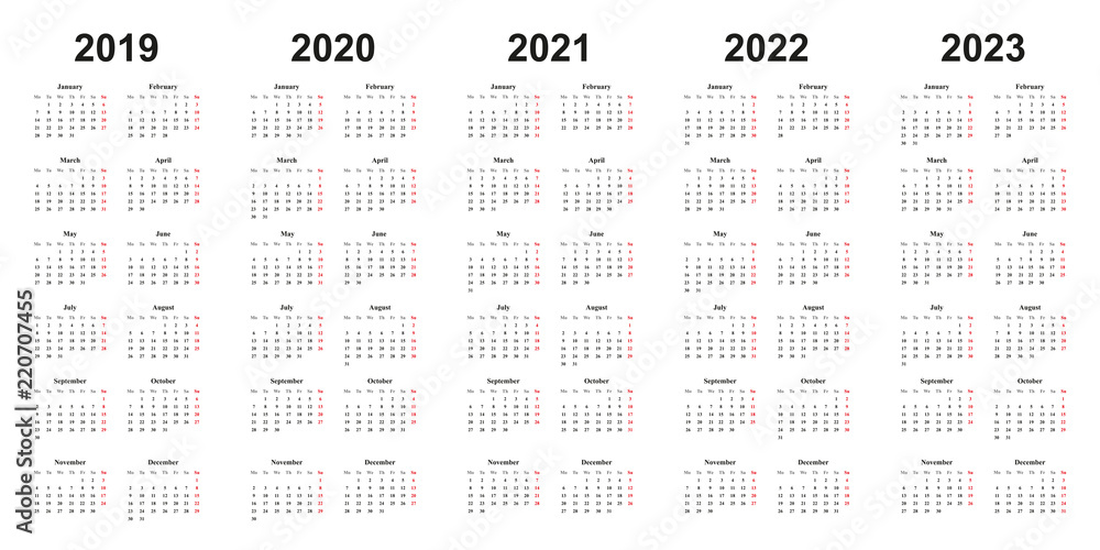 Kalender 2019, 2020, 2021, 2022, 2023, einfaches Design, weißer  Hintergrund, Stock Vector | Adobe Stock