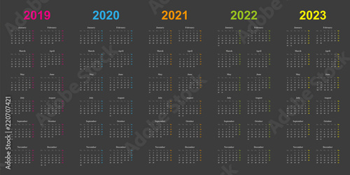 Kalender 2019, 2020, 2021, 2022, 2023, modernes Design, schwarzer Hintergrund, 