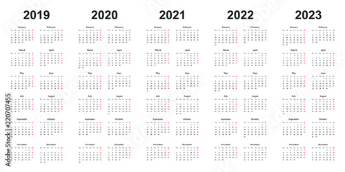 Kalender 2019, 2020, 2021, 2022, 2023, einfaches Design, weißer Hintergrund, 