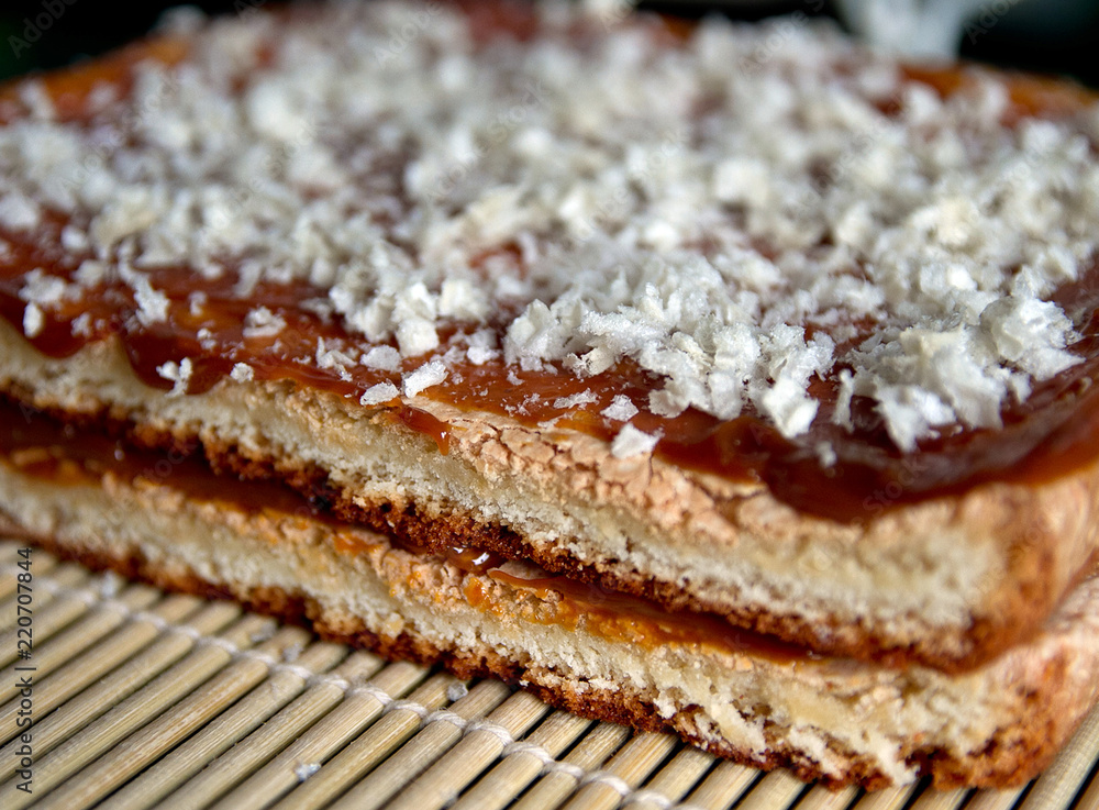 sweet cake with condensed milk, sprinkled with dough sweet cake with condensed milk, sprinkled with dough