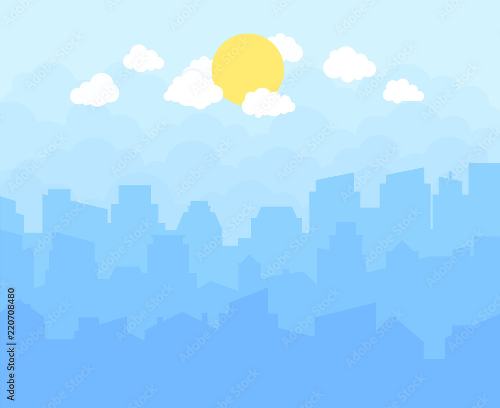 City with blue sky, white clouds and sun. cityscape skyline flat panoramic vector background.