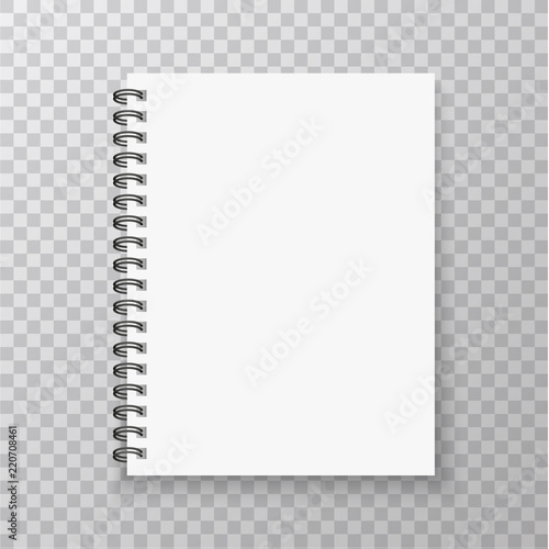 Realistic Notebook mockup. Copybook with metallic silver spiral. Blank mock up with shadow. Vector illustration.