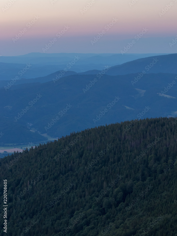 Scenic sunset over the mountains in the Black Forest southern Germany