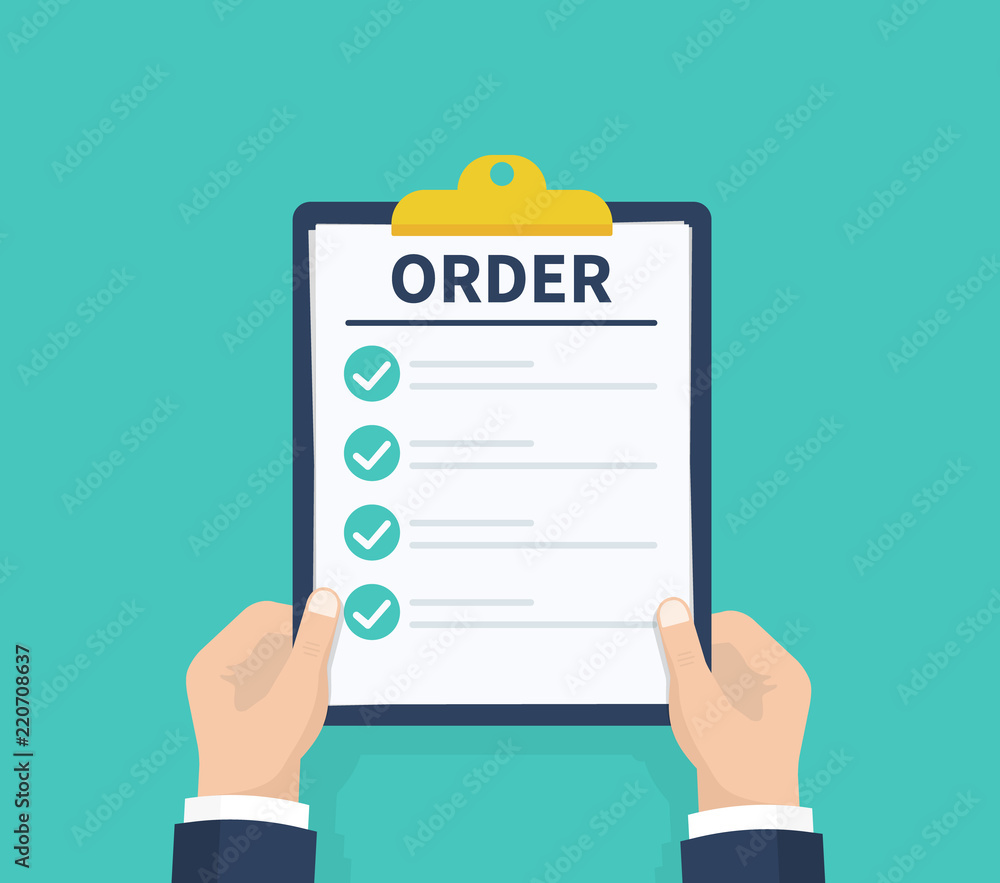 Man hold Order. Checklist with Check mark. Holding the clipboard. Paperwork, sheets in folder. Vector illustration. Man hold Order. Checklist with Check mark. Holding the clipboard. Paperwork, sheets in folder. Vector illustration.
