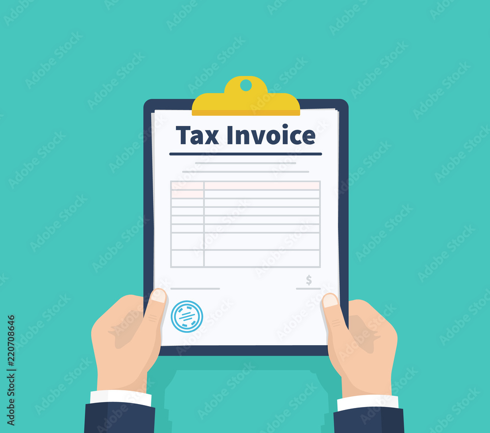Man hold Tax Invoice. Checklist. Payment and invoicing, business or financial operations sign. Holding the clipboard. Paperwork, sheets in folder. Vector illustration. Man hold Tax Invoice. Checklist. Payment and invoicing, business or financial operations sign. Holding the clipboard. Paperwork, sheets in folder. Vector illustration.