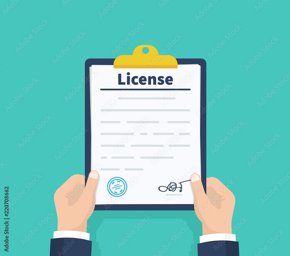 Man hold License. Checklist. Holding the clipboard. Paperwork, sheets in folder. Vector illustration. Man hold License. Checklist. Holding the clipboard. Paperwork, sheets in folder. Vector illustration.