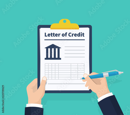Man hold letter of credit. Holding the clipboard and pen in hand. Paperwork, sheets in folder. Vector illustration.