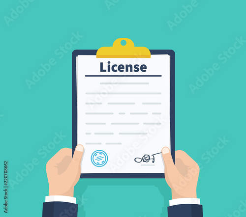 Man hold License. Checklist. Holding the clipboard. Paperwork, sheets in folder. Vector illustration.