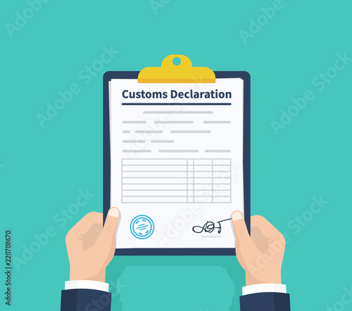 Man hold Declaration. Checklist Holding the clipboard. Paperwork, sheets in folder. Vector illustration. © iiierlok_xolms