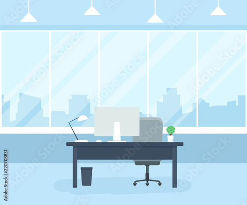 Office workplace with table, computer, window and lamp. Coworking office. Flat vector illustration.
