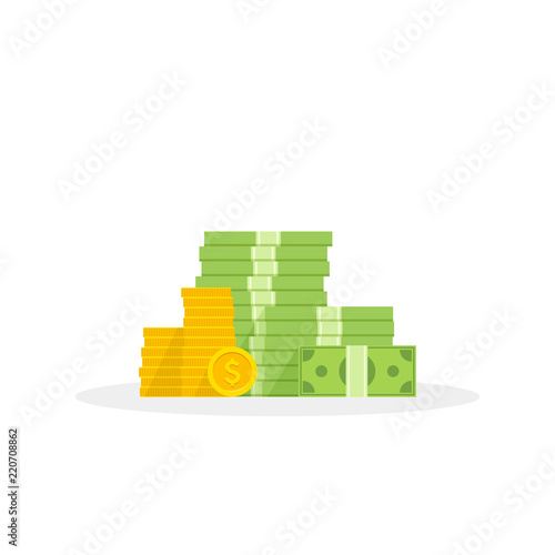 Big pile of money and coins, heap of cash flat cartoon style. Vector illustration.