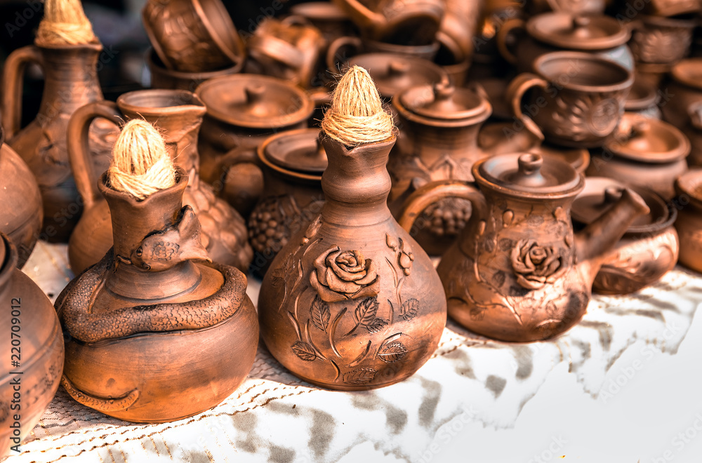 Clay dishes. Crockery made clay. Dishes background Clay dishes. Crockery made clay. Dishes background
