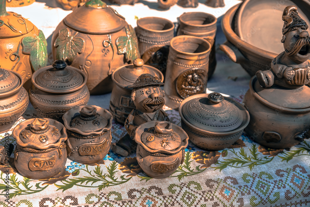 Clay dishes. Crockery made clay. Dishes background Clay dishes. Crockery made clay. Dishes background