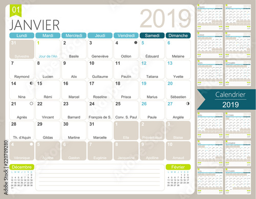French planning calendar for year 2019, set of 12 months January - December, French printable monthly calendar template, including name days, lunar phases and official holidays, vector illustration