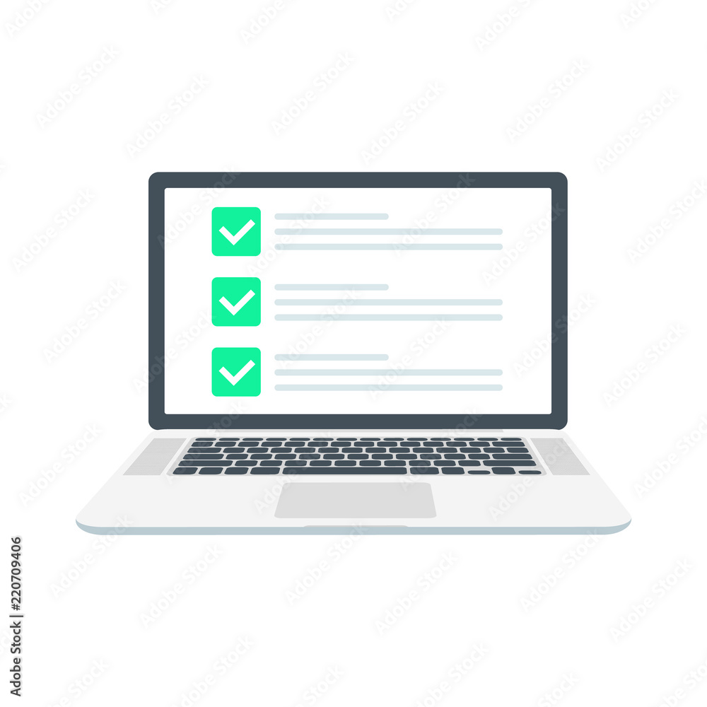 Checklist browser window. Check mark. White tick on laptop screen. Choice, survey concepts. Elements for web banners, websites, infographics. Flat design, vector illustration on background. Checklist browser window. Check mark. White tick on laptop screen. Choice, survey concepts. Elements for web banners, websites, infographics. Flat design, vector illustration on background.