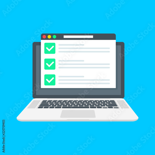 Checklist browser window. Check mark. White tick on laptop screen. Choice, survey concepts. Elements for web banners, websites, infographics. Flat design, vector illustration on background.