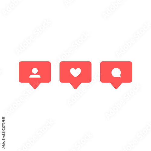 Social network rating icons: thumbs up icon, heart symbol, New follower set. Flat design. Vector social media Illustration icon.